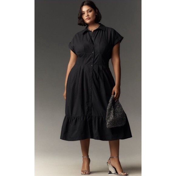 Anthropologie Dresses & Skirts - Anthropologie Midi Shirt Dress Black Pleated Cotton Preppy Retro Boho Medium NWT